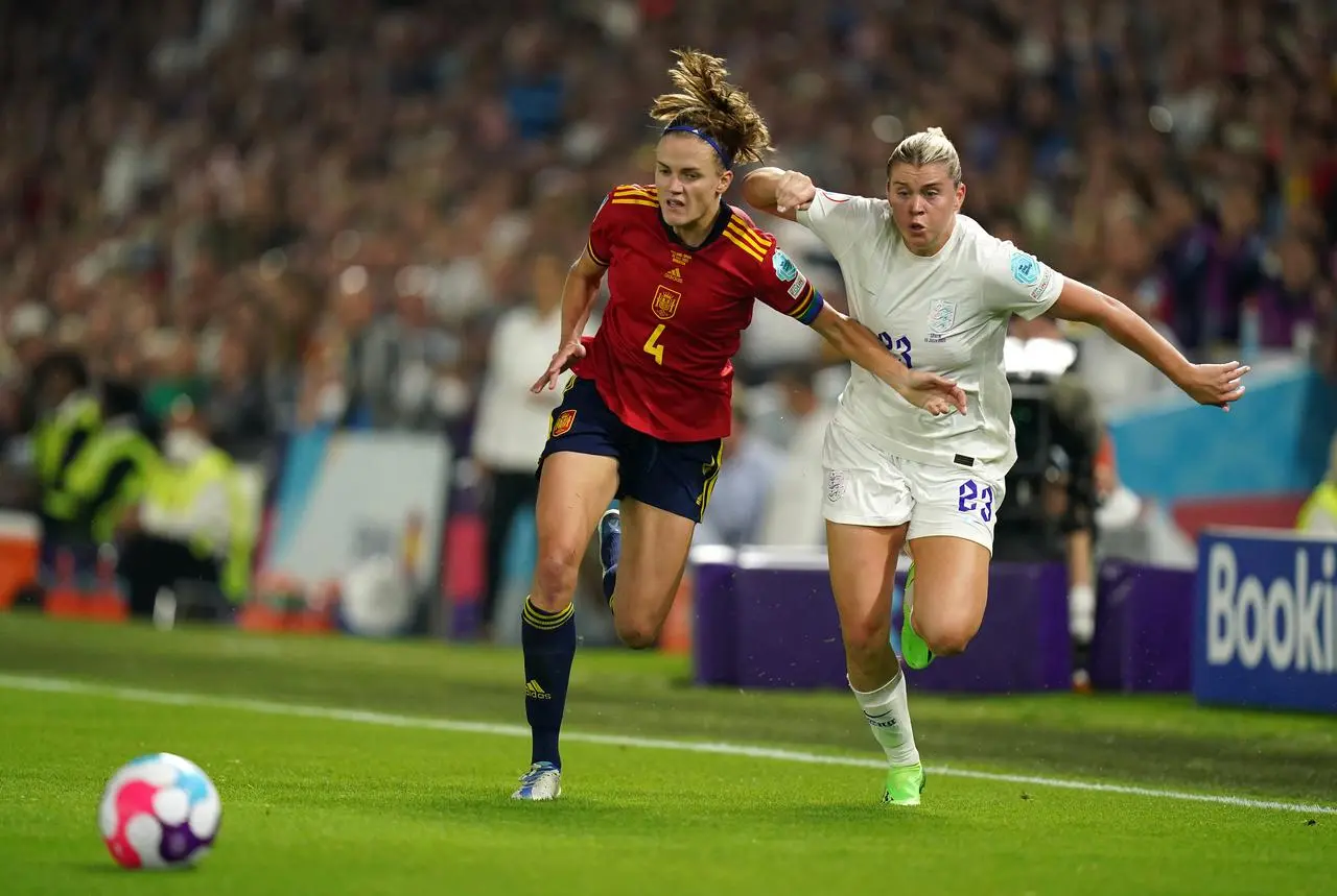 Spain’s Irene Paredes and England’s Alessia Russo