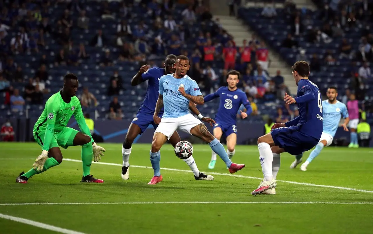 Gabriel Jesus, centre, has a shot at goal in the 2021 Champions League final