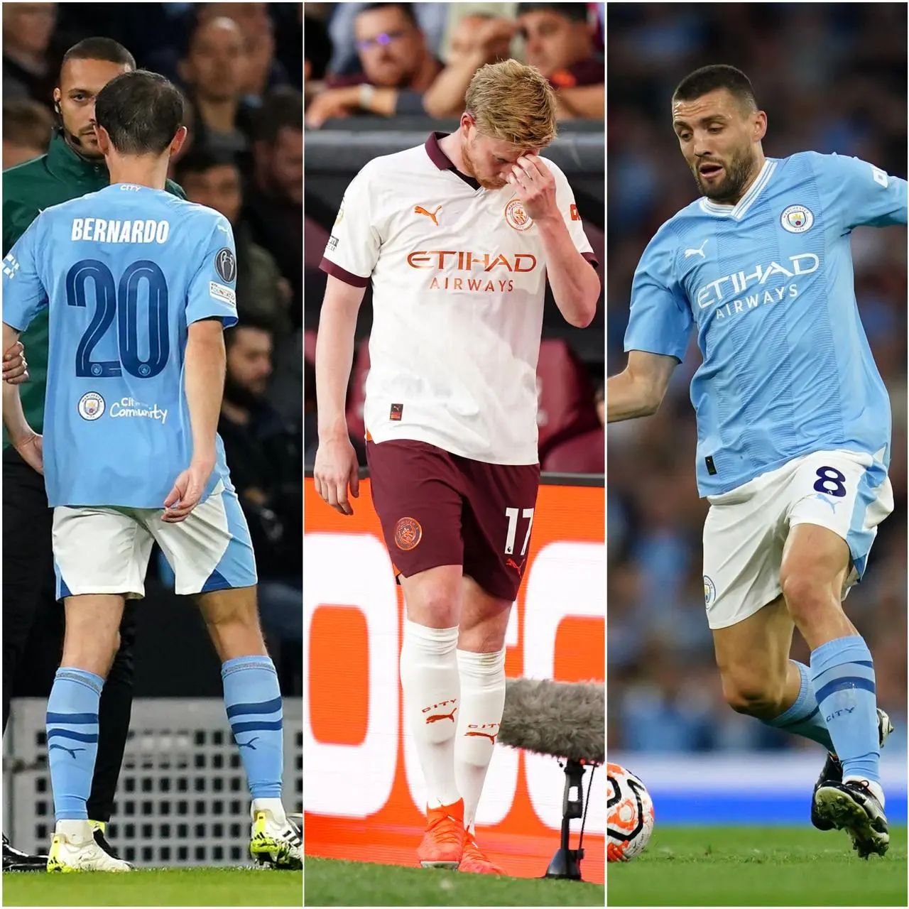 Composite image of Bernardo Silva, Kevin De Bruyne and Mateo Kovacic, left to right