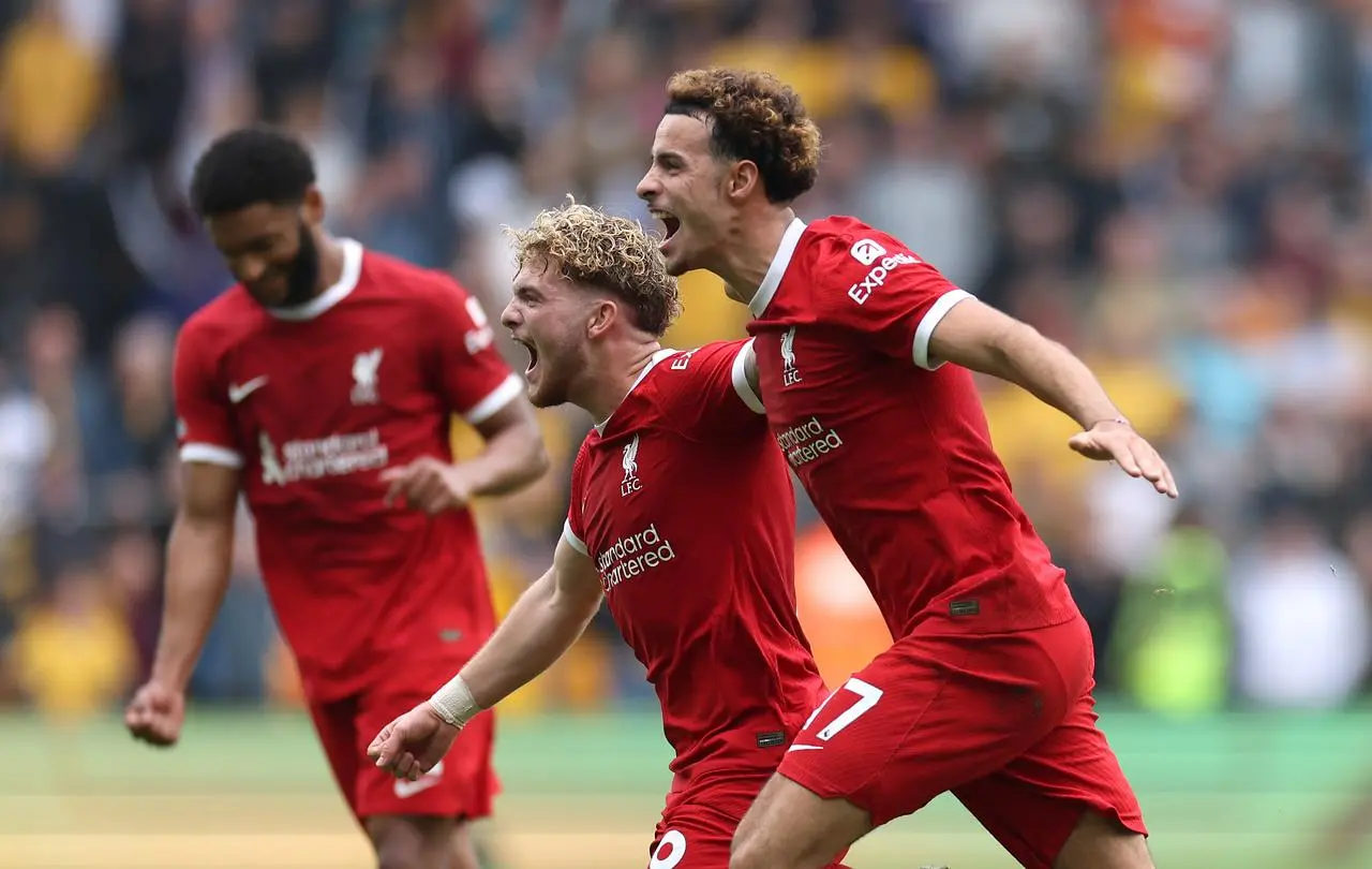 Harvey Elliott celebrates after seeing his shot deflect in