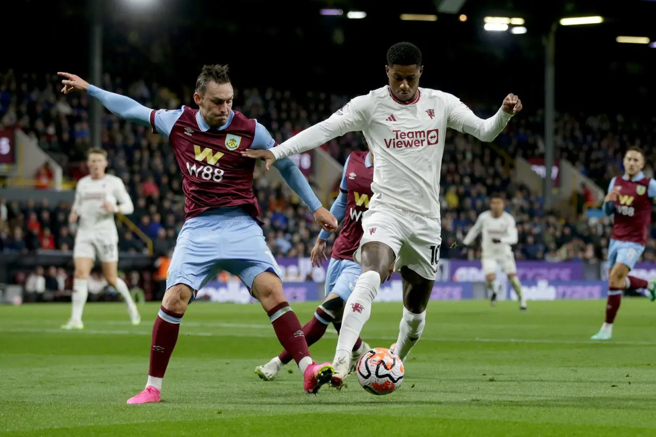 Manchester United’s Marcus Rashford (right) in action at Turf Moor