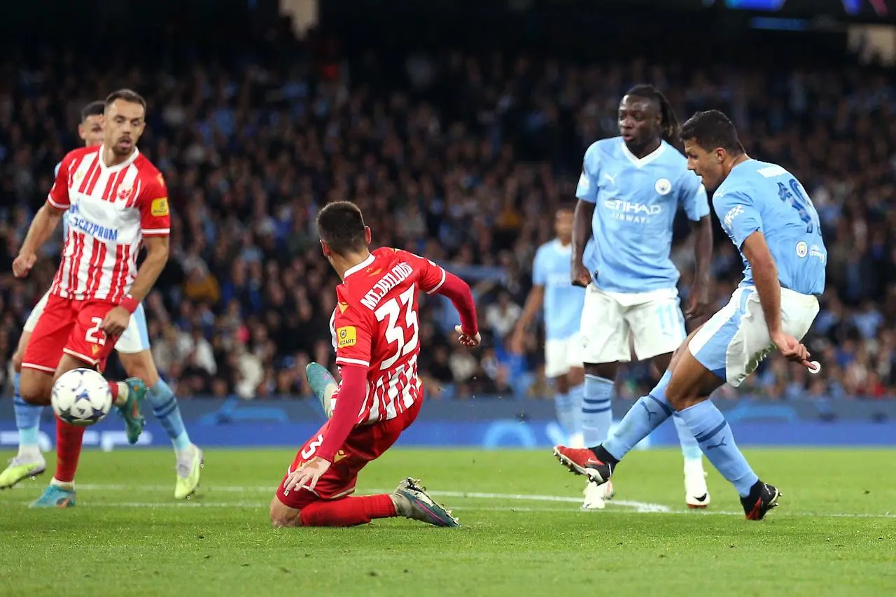 Rodri, right, scores Manchester City’s third goal