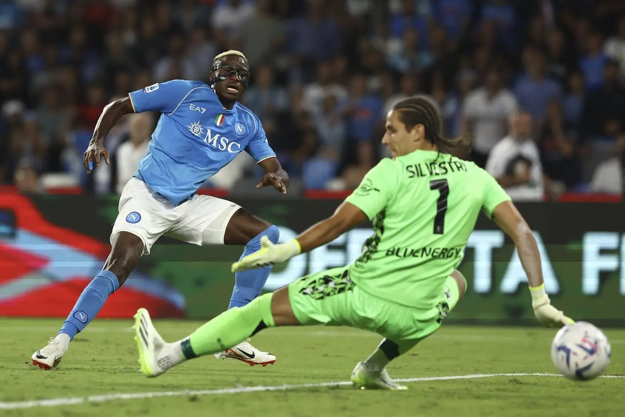 Napoli’s Victor Osimhen, left, scores for Napoli