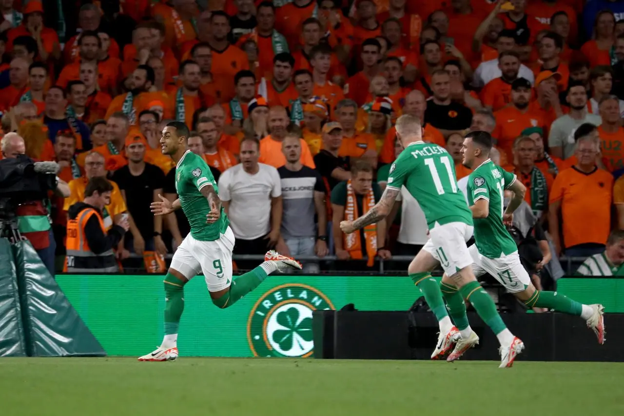 Adam Idah, left, celebrates after putting the Republic of Ireland ahead