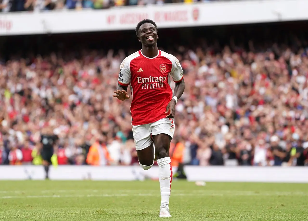 Bukayo Saka celebrates scoring against Nottingham Forest