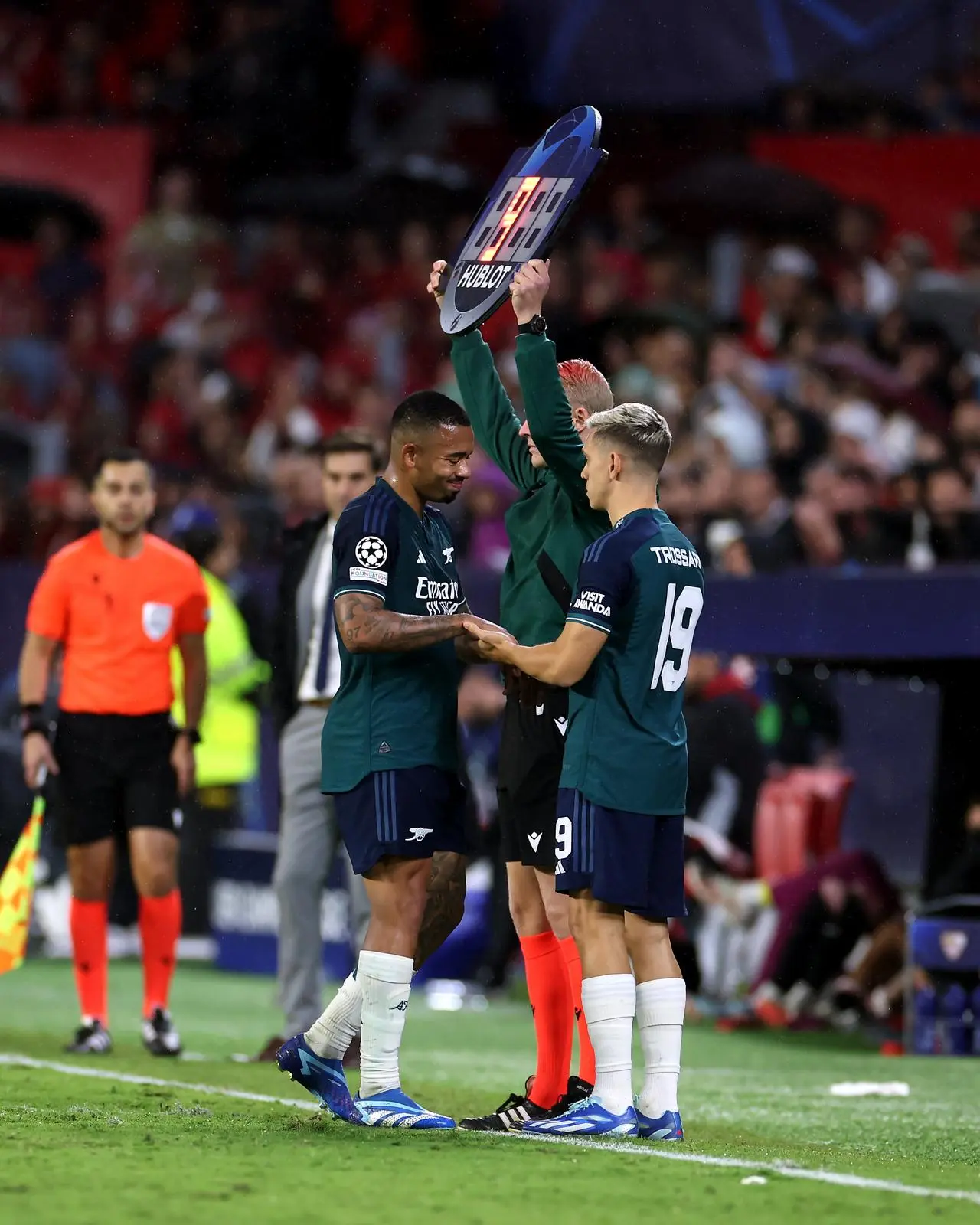 Gabriel Jesus, left, is substituted against Sevilla