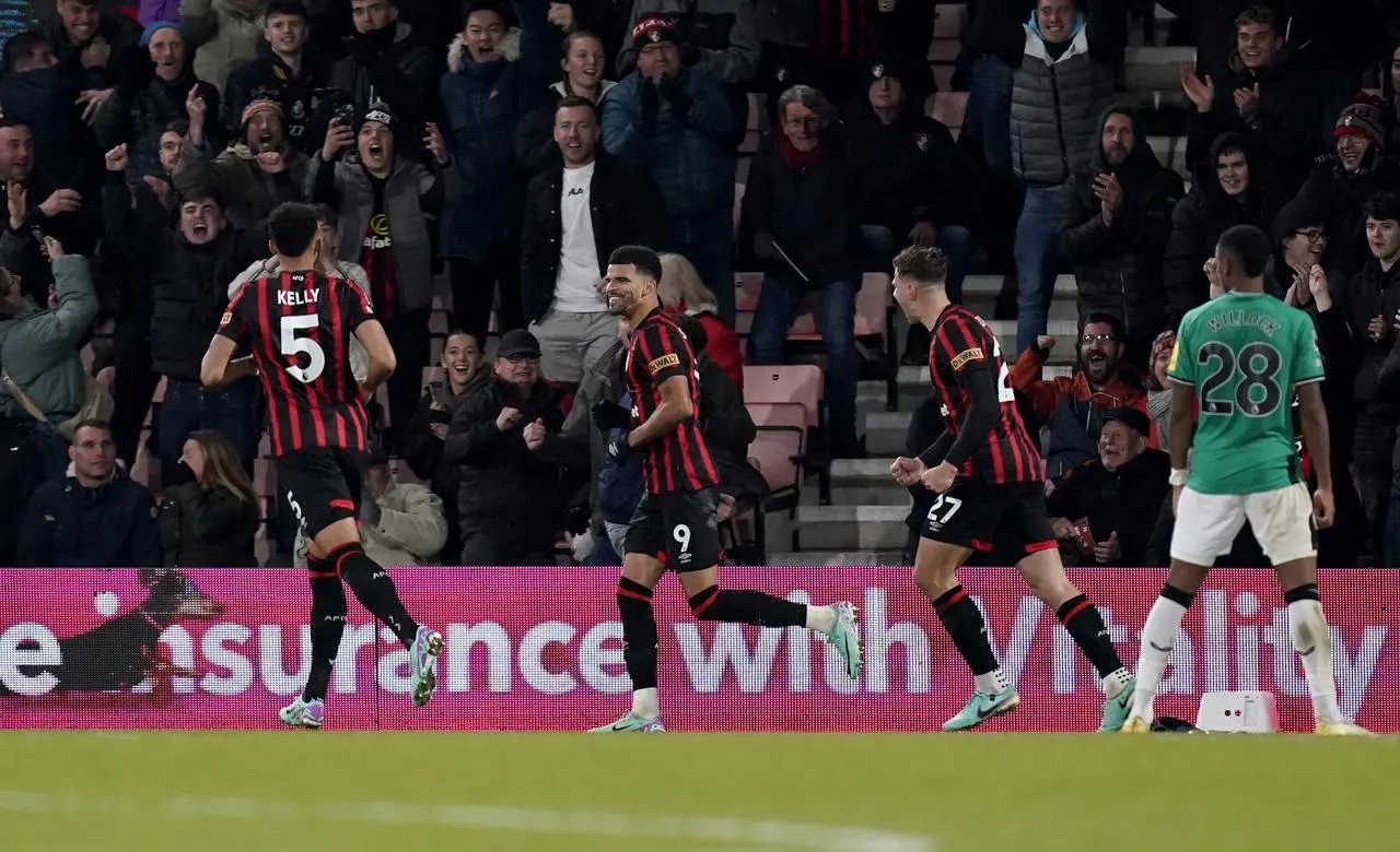 Dominic Solanke, centre, celebrates his second goal