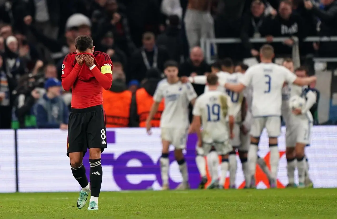 Bruno Fernandes appears dejected after Copenhagen’s Diogo Goncalves makes it 2-2 