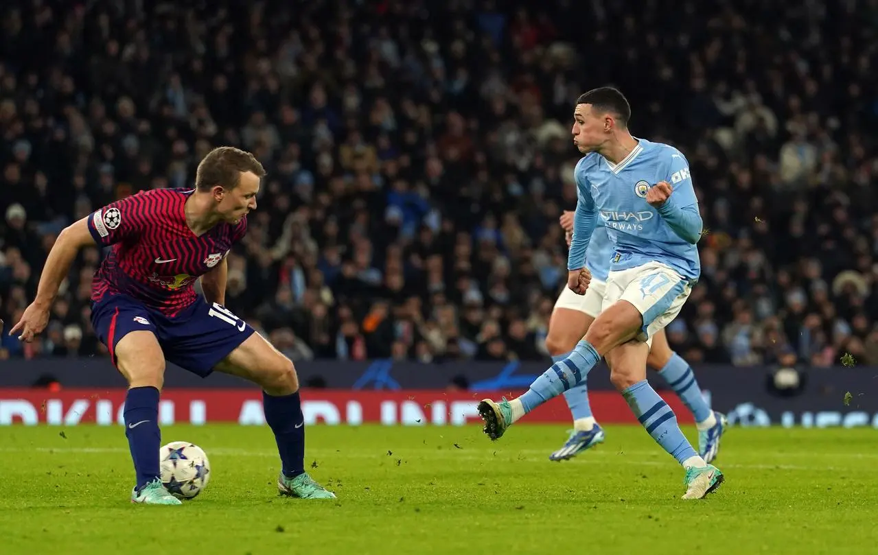 Phil Foden scores Manchester City's second goal against RB Leipzig