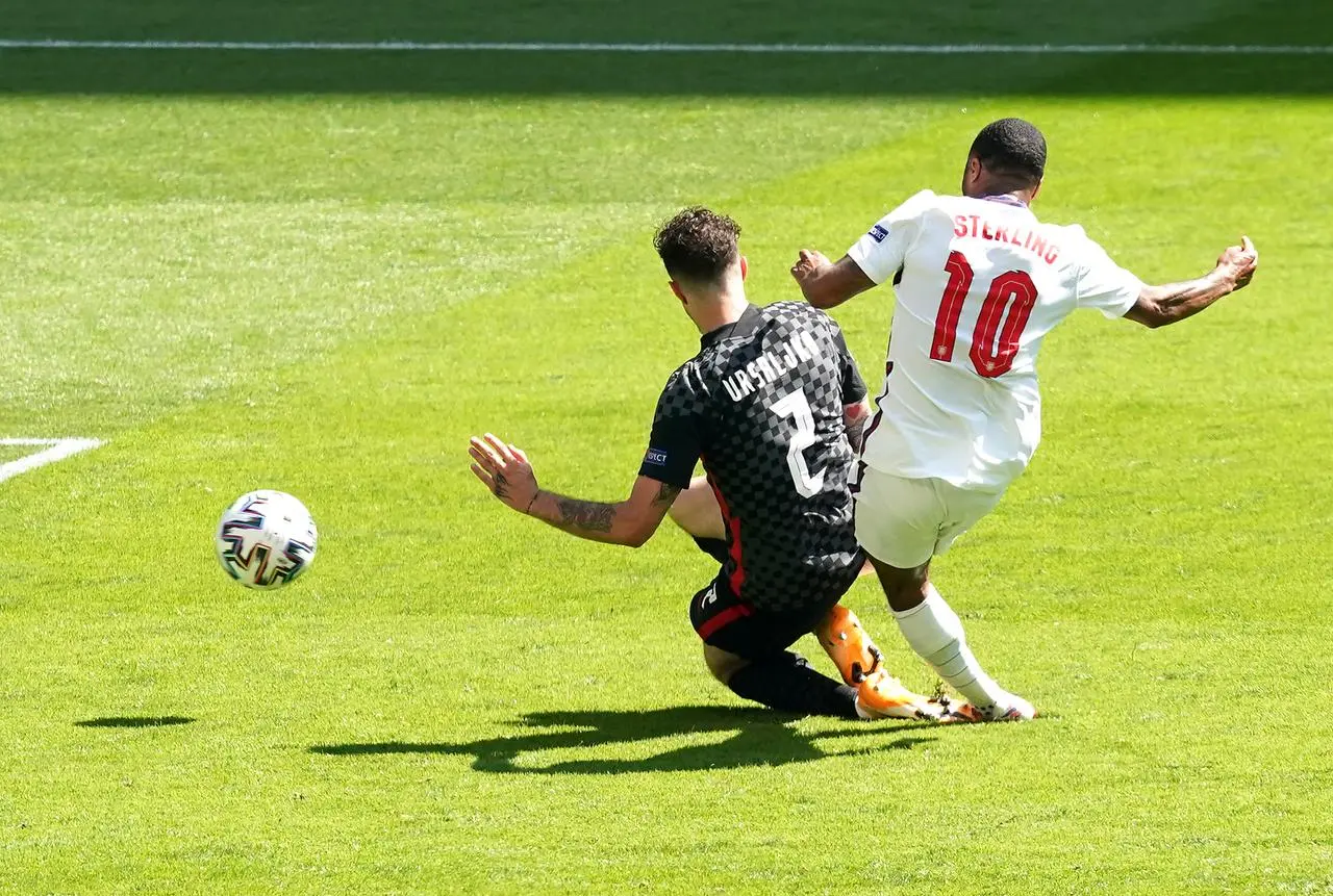 England’s Raheem Sterling, right, scores against Croatia at Euro 2020