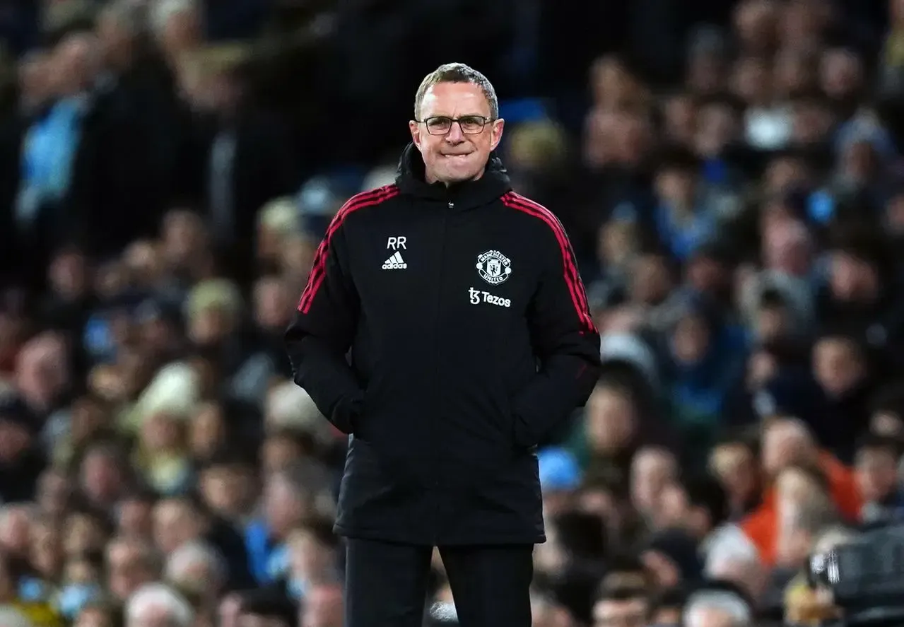 Ralf Rangnick bites his lip during Manchester United's defeat to Manchester City in March 2022