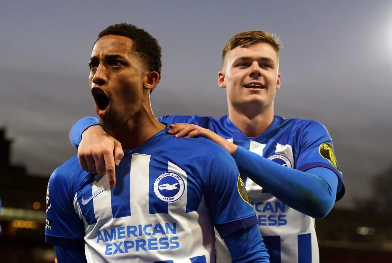 Joao Pedro, left, celebrates his second goal against Nottingham Forest with Evan Ferguson