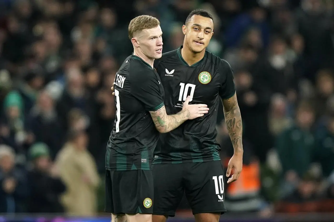 Republic of Ireland’s Adam Idah (right) celebrates scoring the opening goal