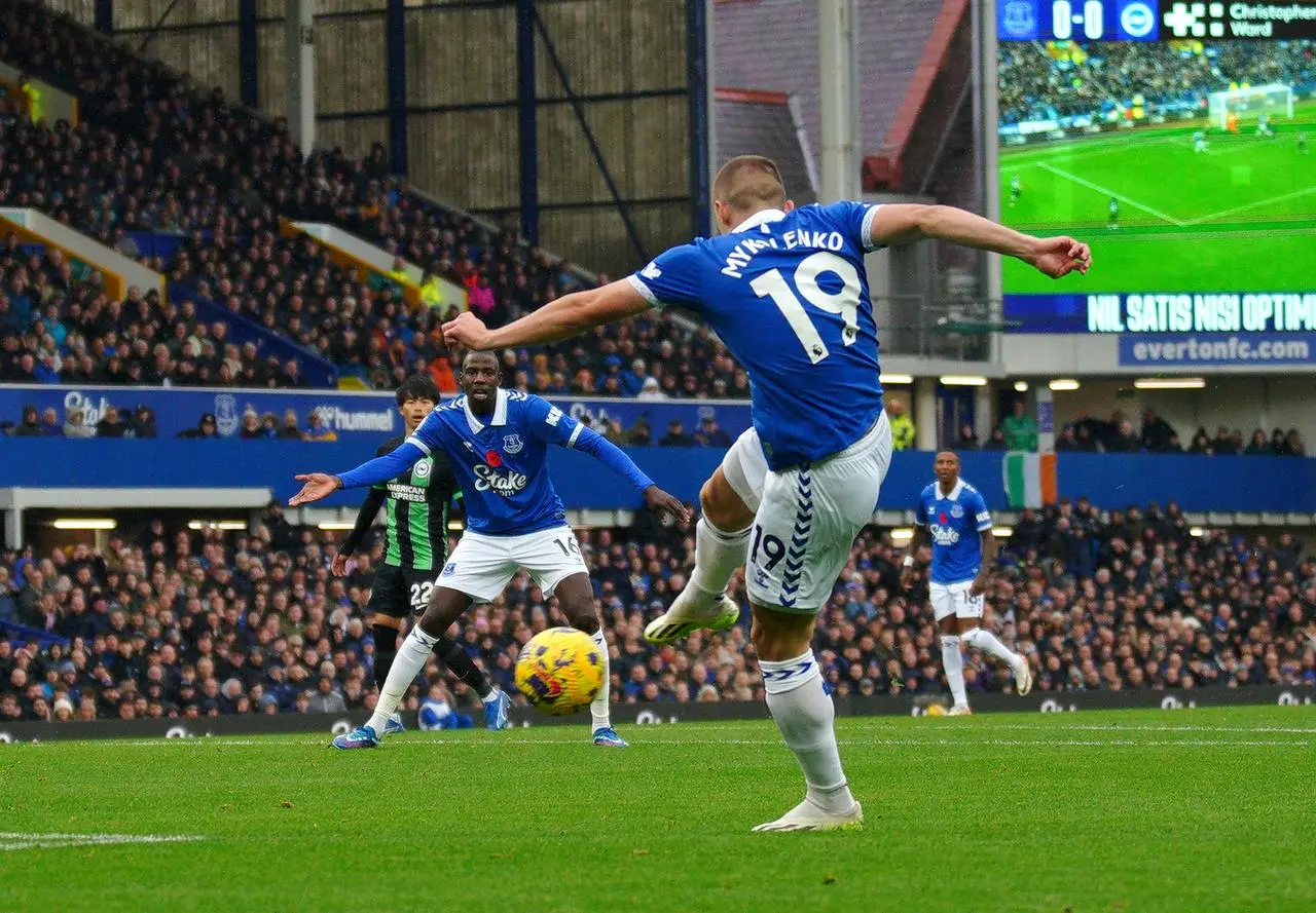 Vitalii Mykolenko scores Everton's goal against Brighton