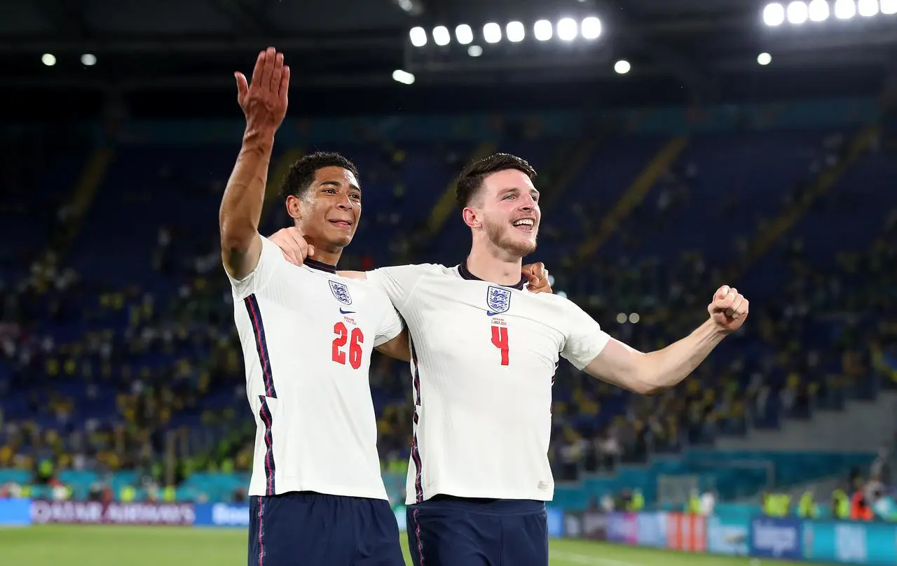 England midfielders Jude Bellingham (left) and Declan Rice