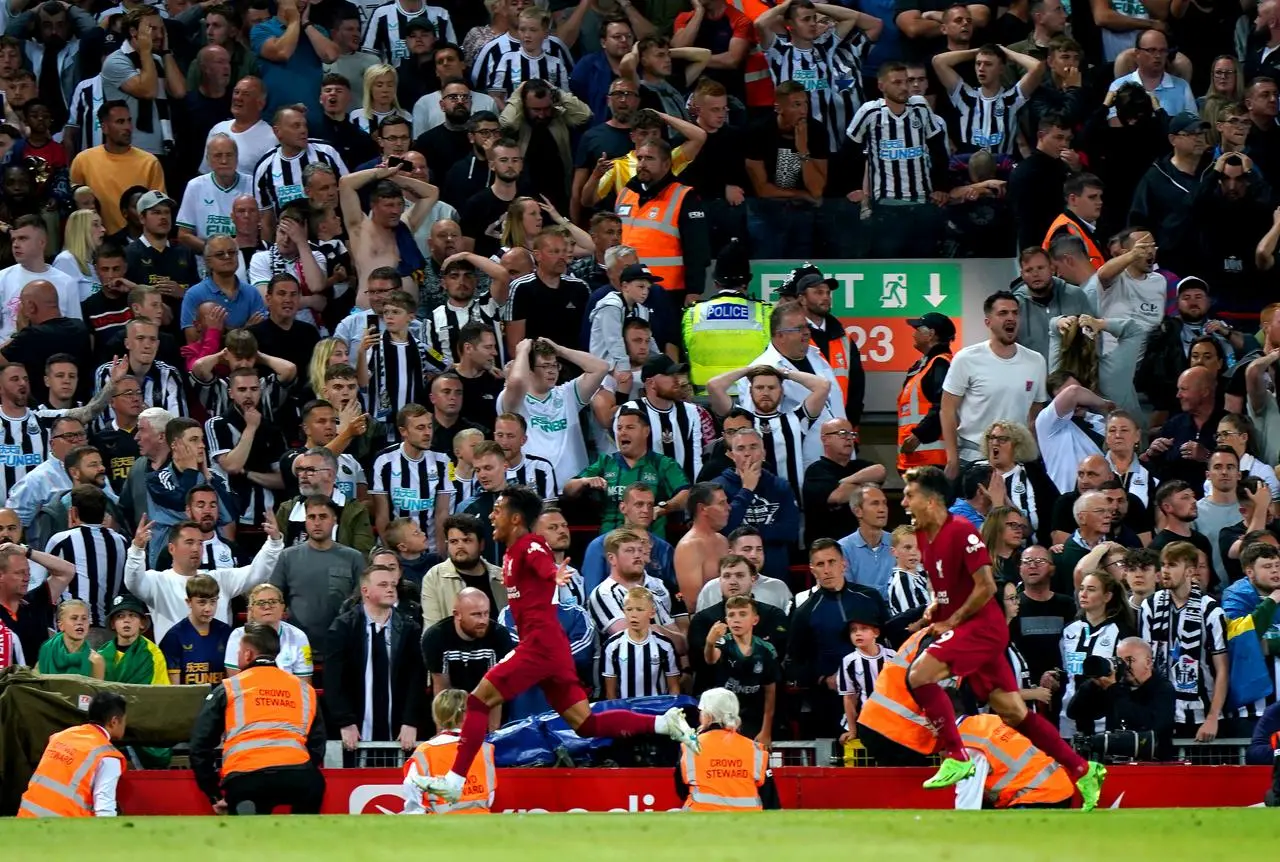 Liverpool’s Fabio Carvalho celebrates his last-gasp winner against Newcastle