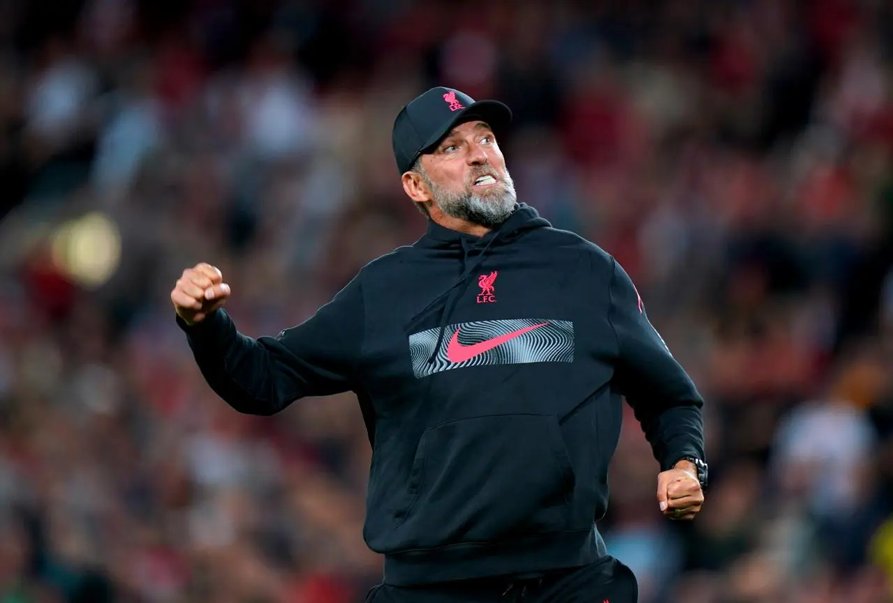 Liverpool manager Jurgen Klopp celebrates after the final whistle in his side's 2-1 win over Newcastle at Anfield