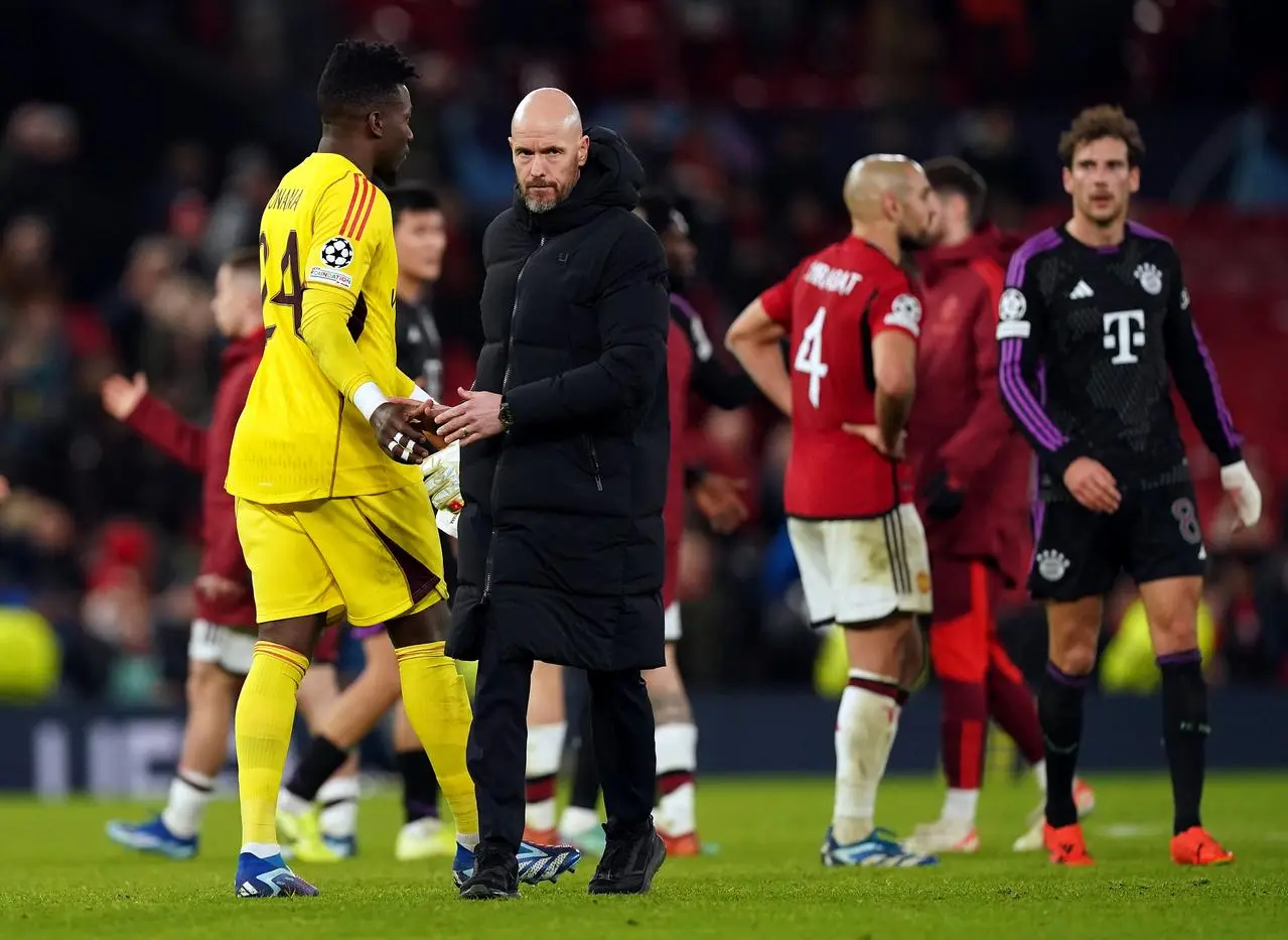 Erik ten Hag, centre, after defeat to Bayern Munich