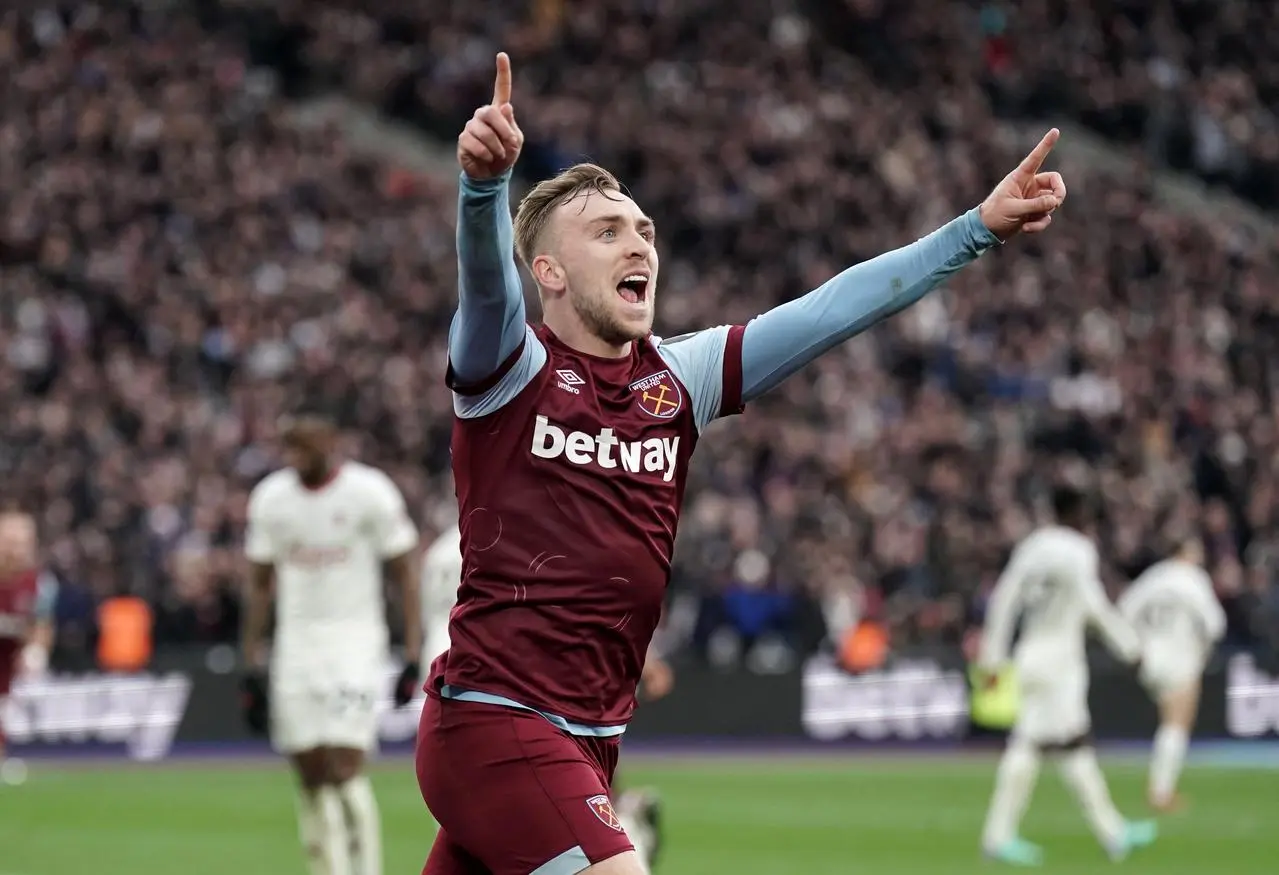 West Ham United’s Jarrod Bowen celebrates scoring