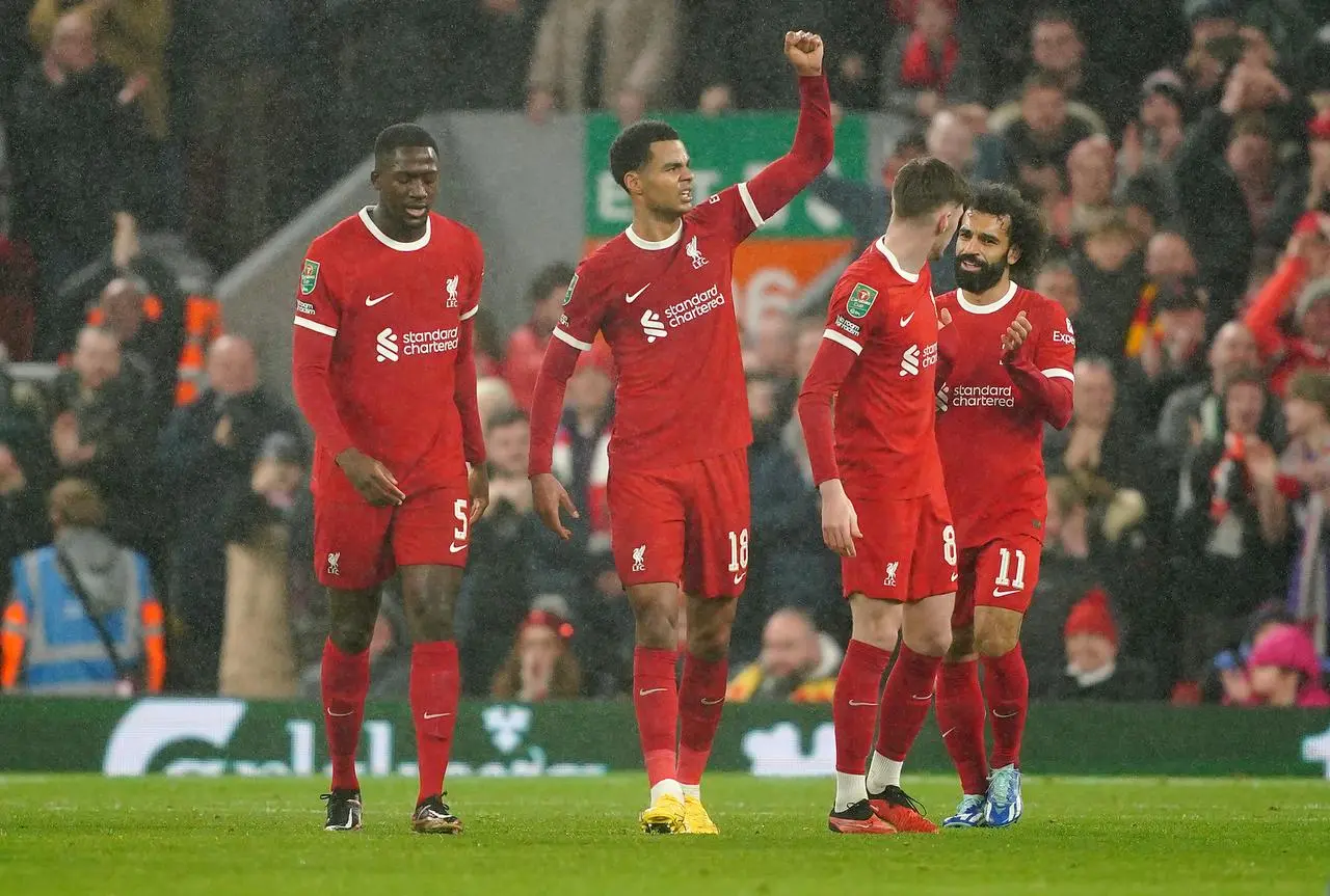 Cody Gakpo celebrates Liverpool's third goal 