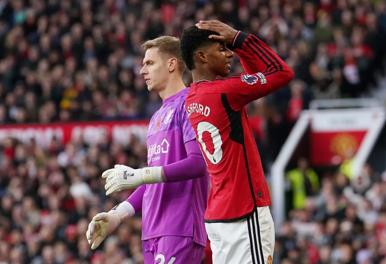 Marcus Rashford, right, reacts after a missed chance against Luton