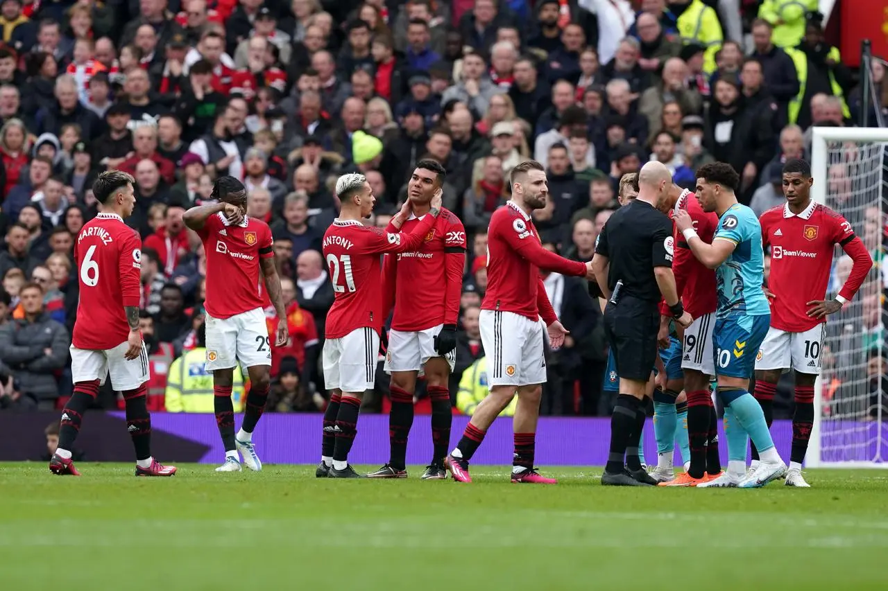 Casemiro, centre, is consoled by Antony after being sent off against Southampton last season