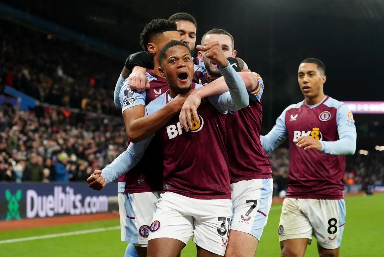 Aston Villa celebrate Leon Bailey's goal against Manchester City