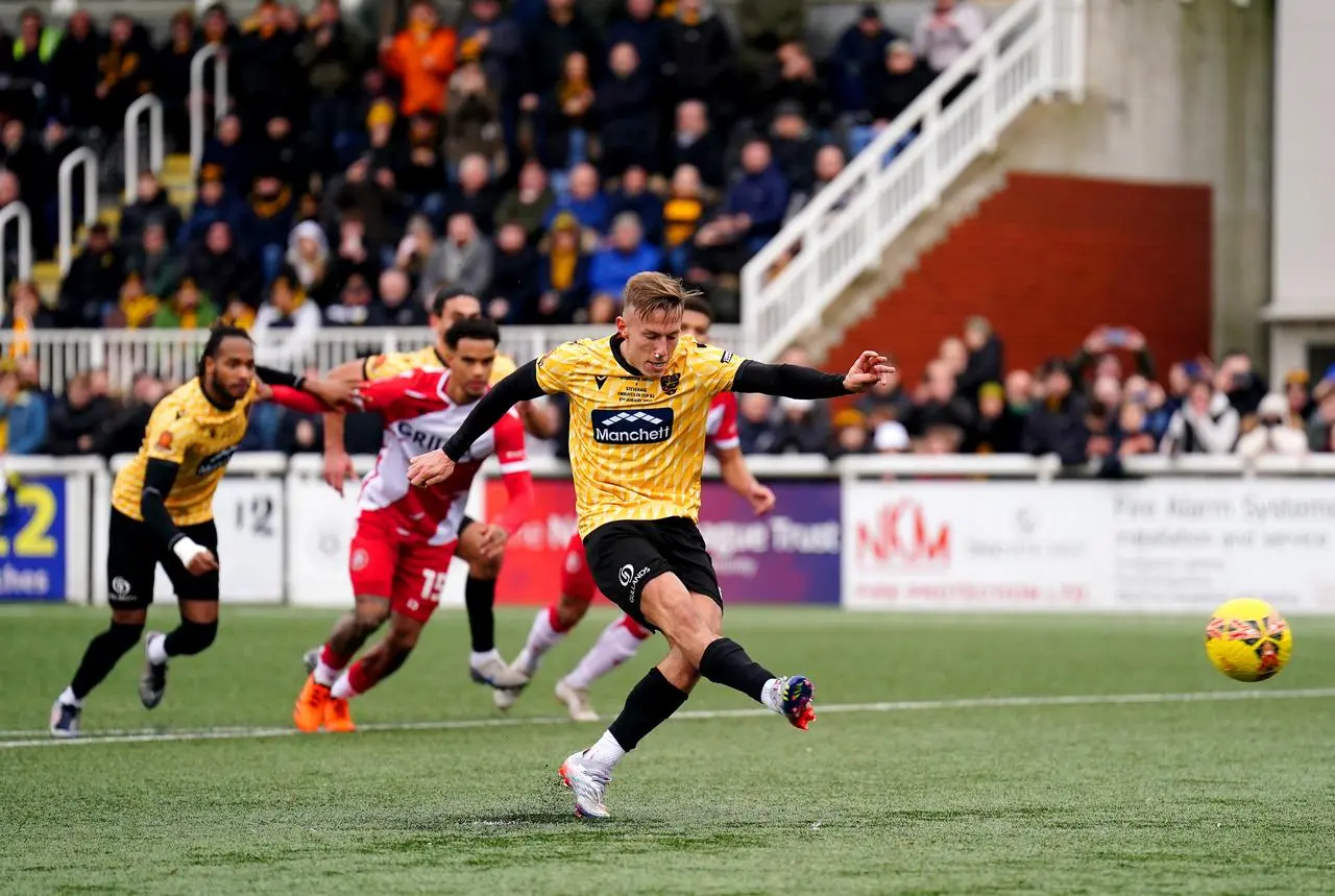 Sam Corne, scoring Maidstone's winning penalty against Stevenage, was also on target in the previous round against Barrow