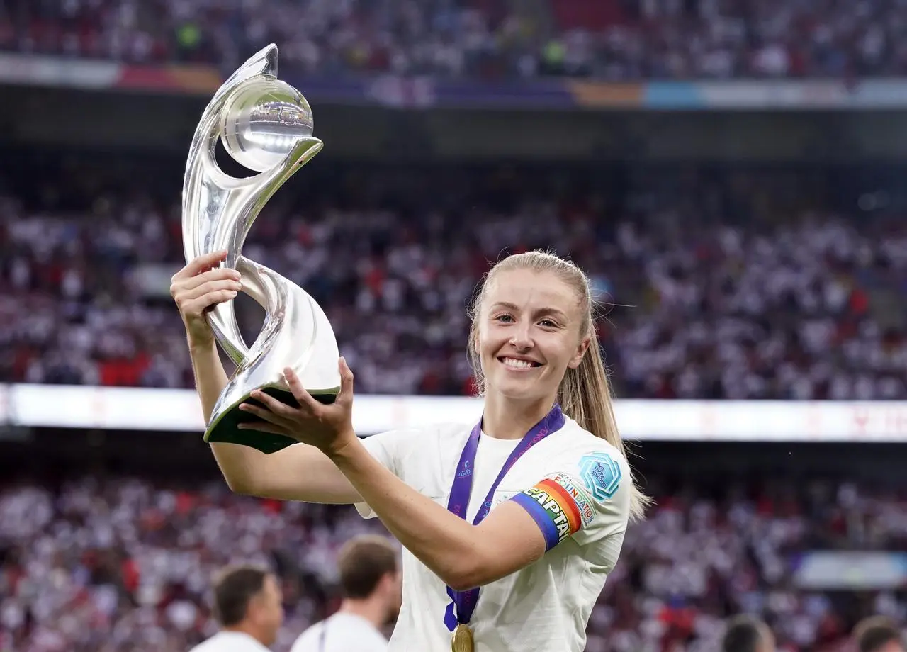 England’s Leah Williamson lifts the UEFA Women’s Euro 2022 trophy