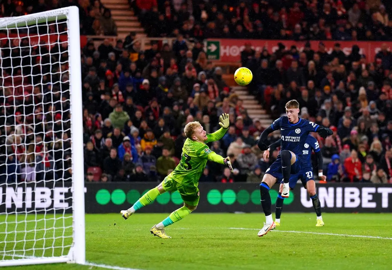 Chelsea's Cole Palmer, right, misses a close-range chance against Middlesbrough