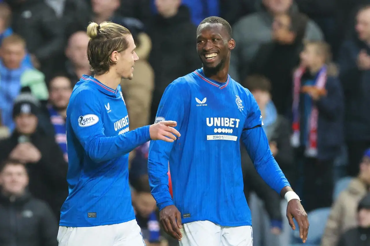 Rangers’ Abdallah Sima (right) celebrates scoring (Steve Welsh/PA)