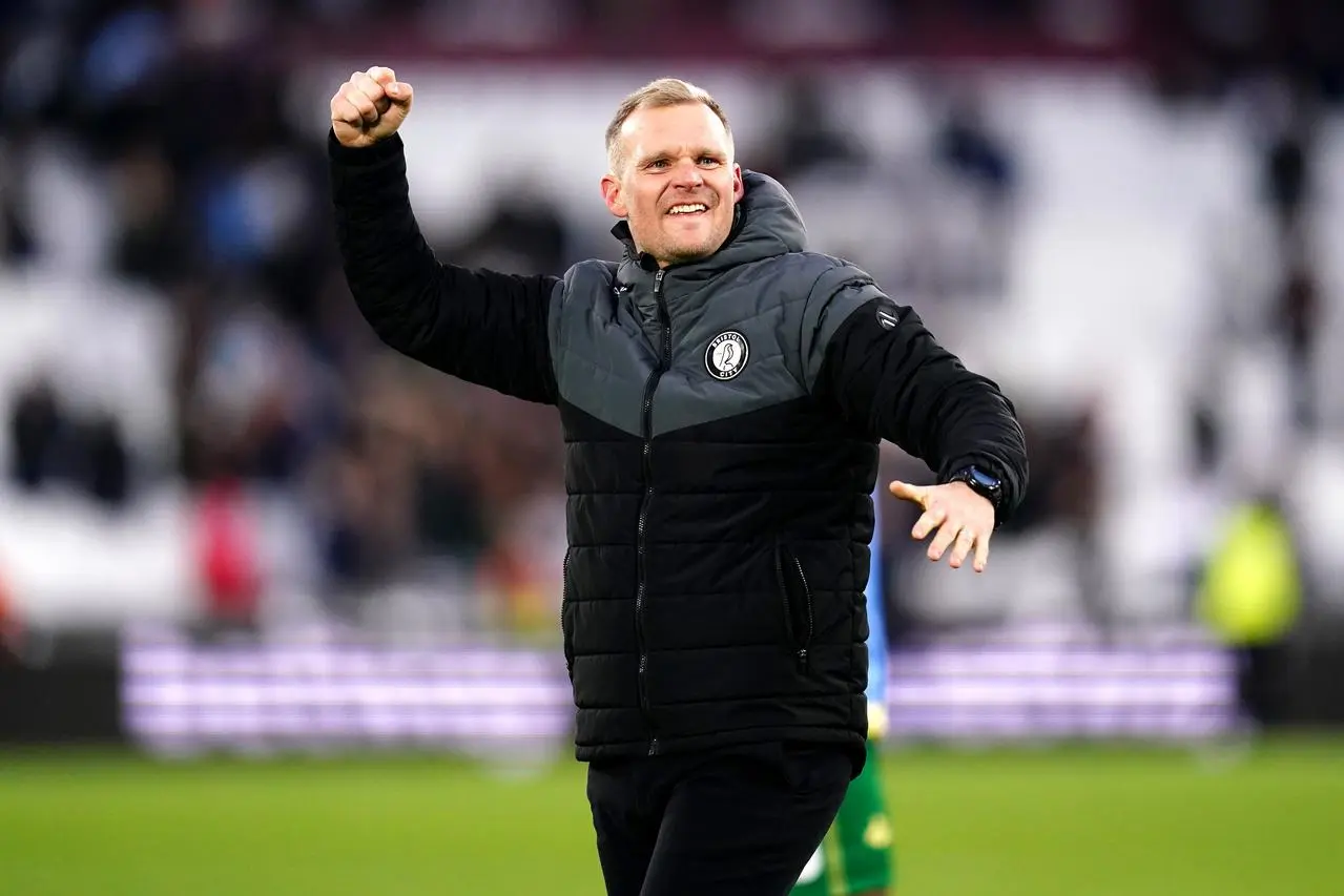 Bristol City manager Liam Manning celebrates victory over West Ham