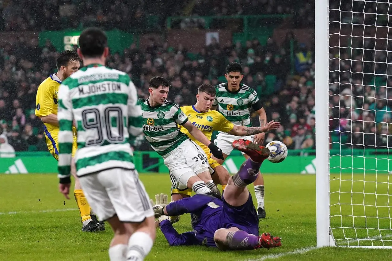 Rocco Vata, centre, scores Celtic’s fifth goal