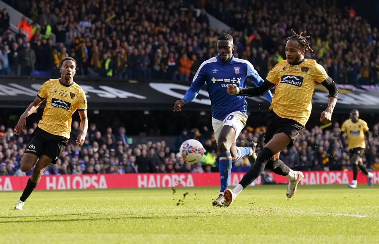 Lamar Reynolds scores Maidstone’s first goal at Ipswich