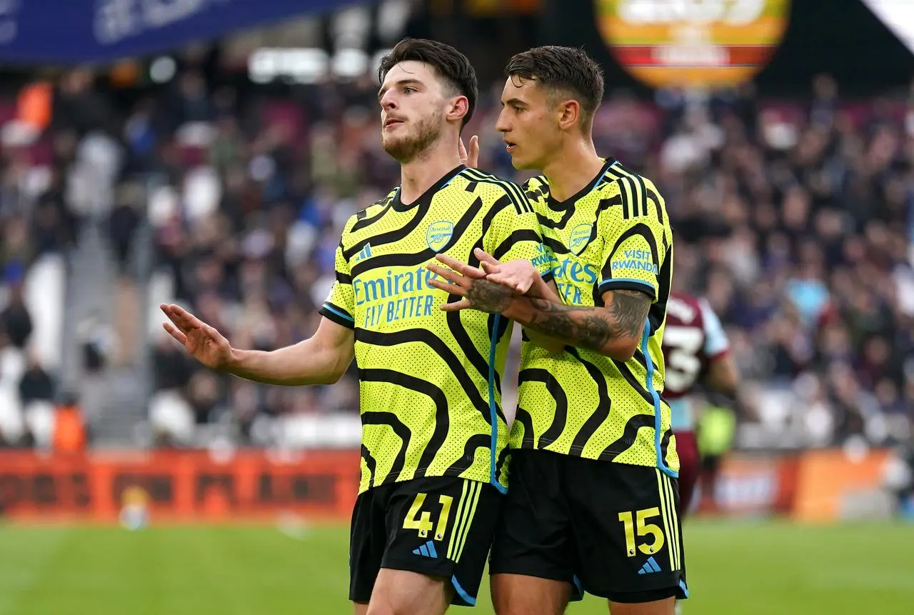 Arsenal’s Declan Rice (left) scored a stunning sixth at the London Stadium