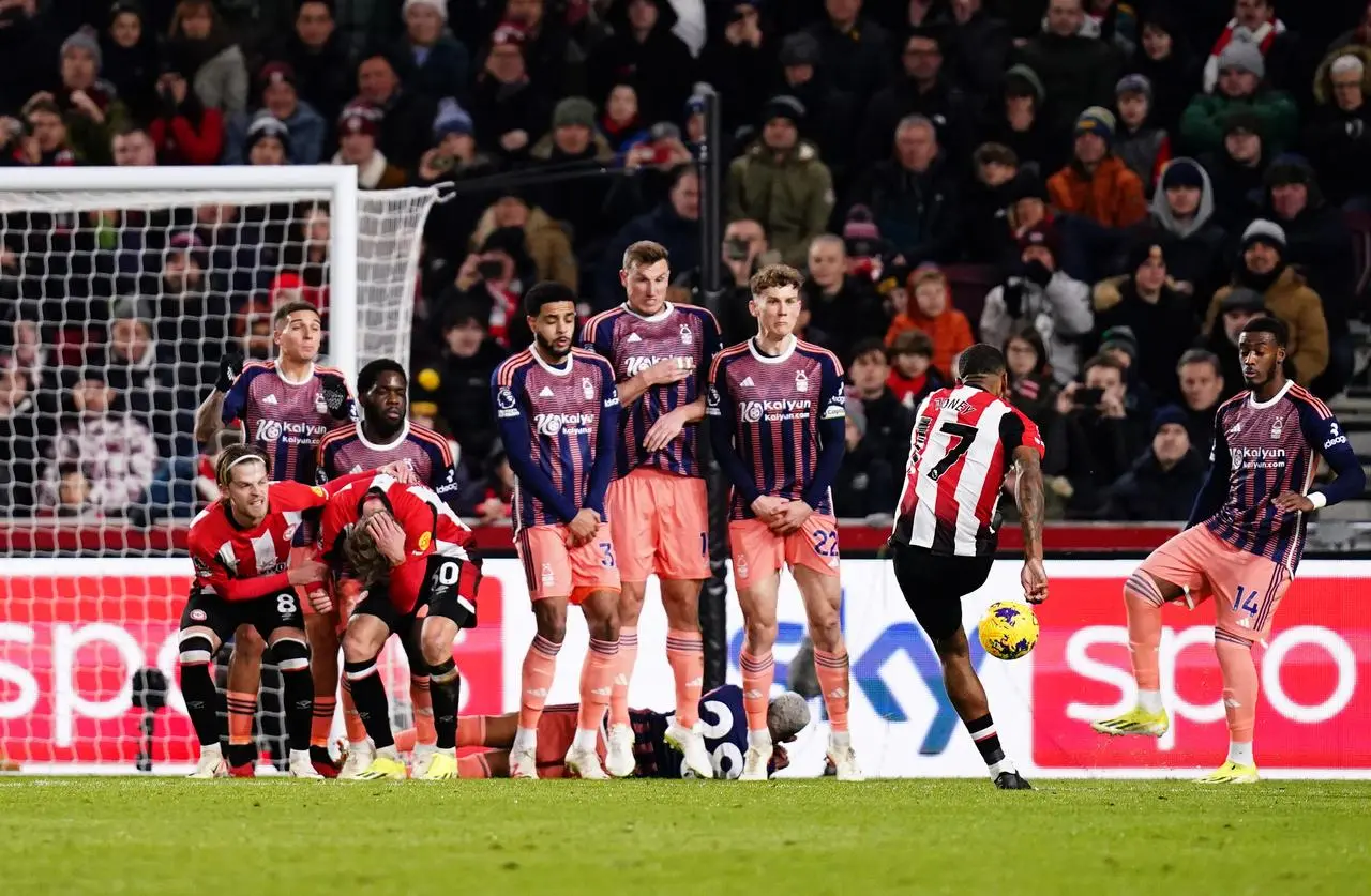 Ivan Toney, right. scores against Nottingham Forest