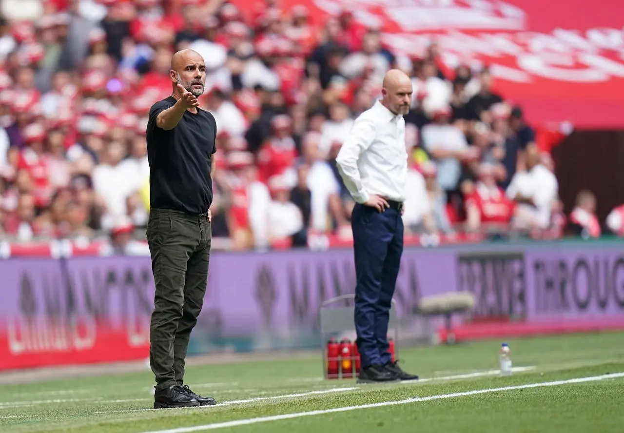 Pep Guardiola, left, and Erik Ten Hag