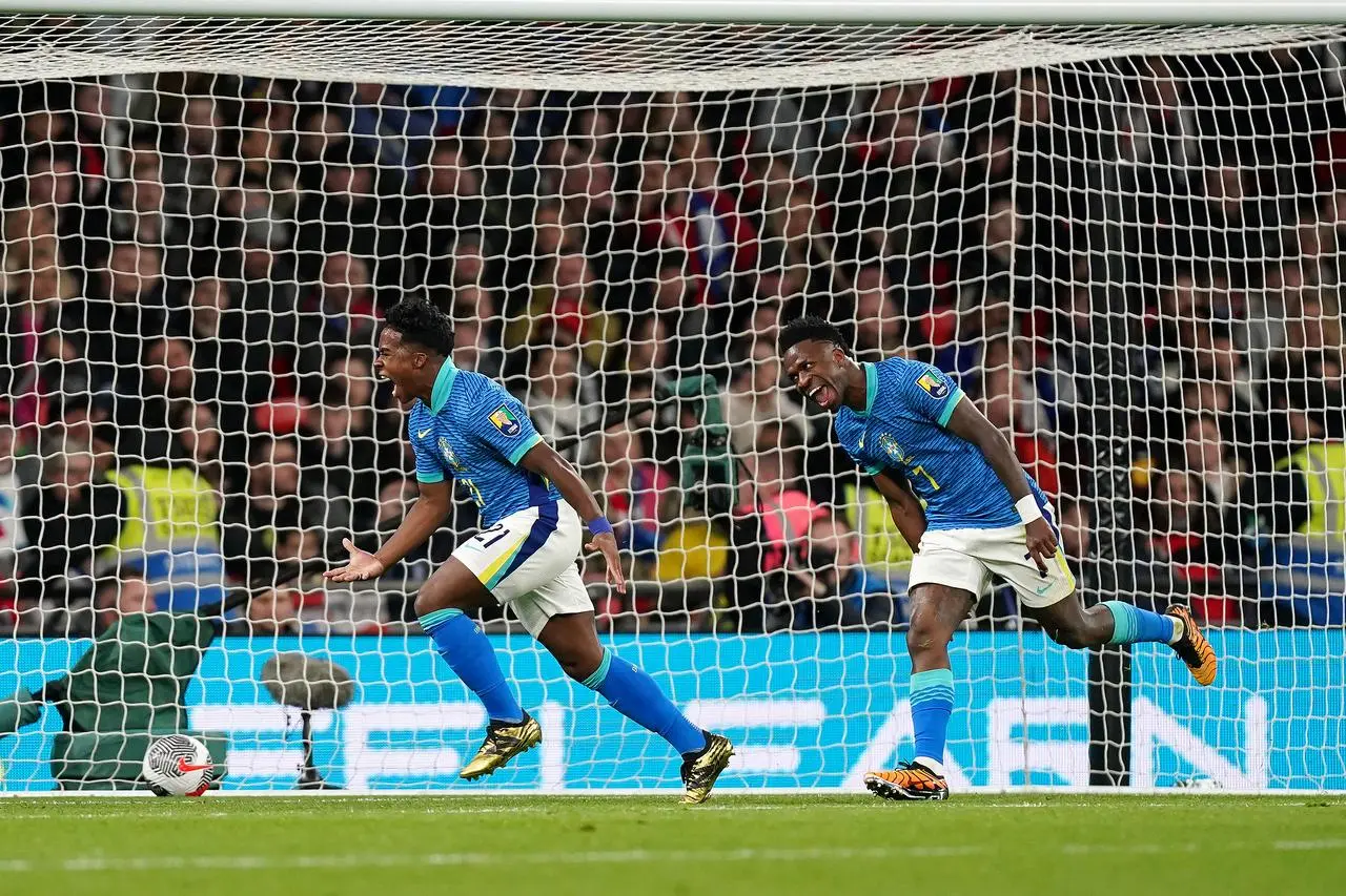 Brazil’s Endrick (left) celebrates scoring the goal that beat England
