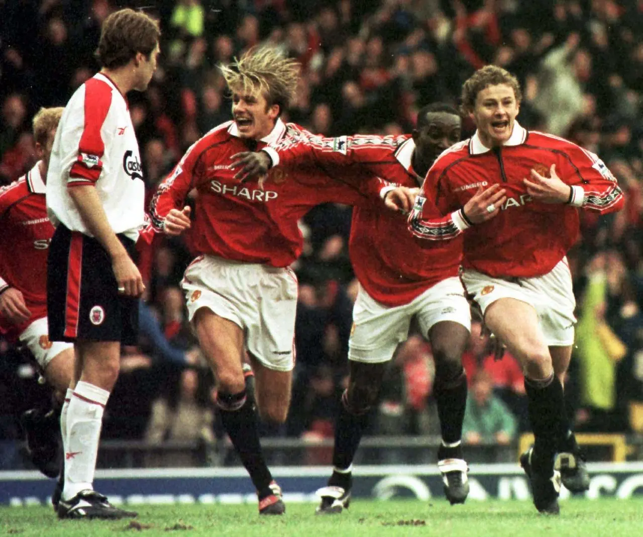 Ole Gunnar Solskjaer celebrates his late winner against Liverpool