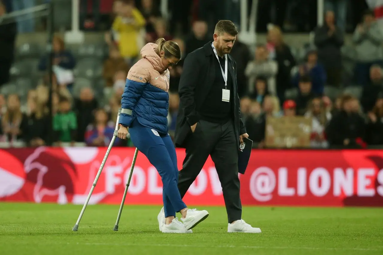 England goalkeeper Mary Earp on crutches at St James' Park
