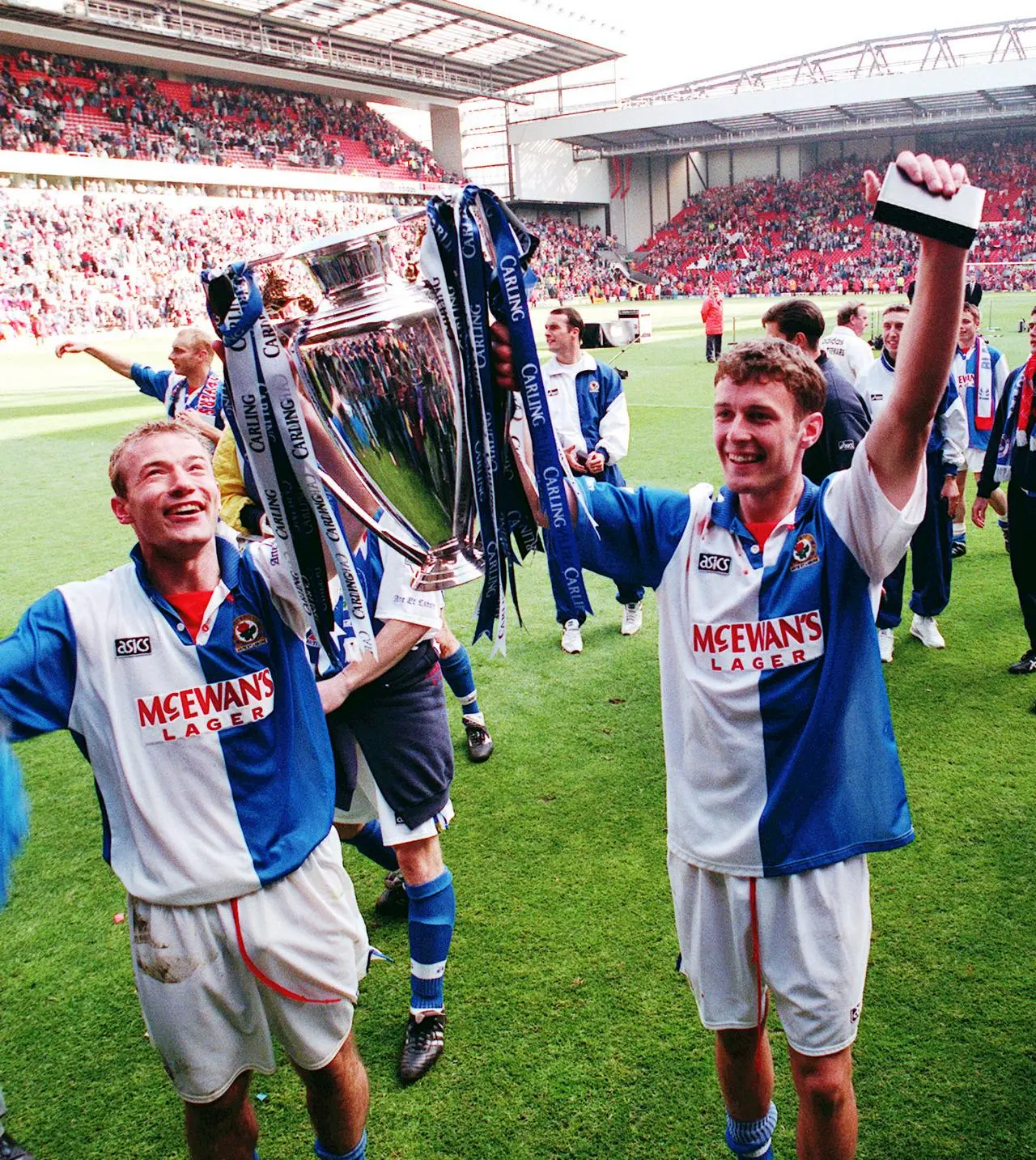 Blackburn's Alan Shearer and Chris Sutton lift the Premier League trophy