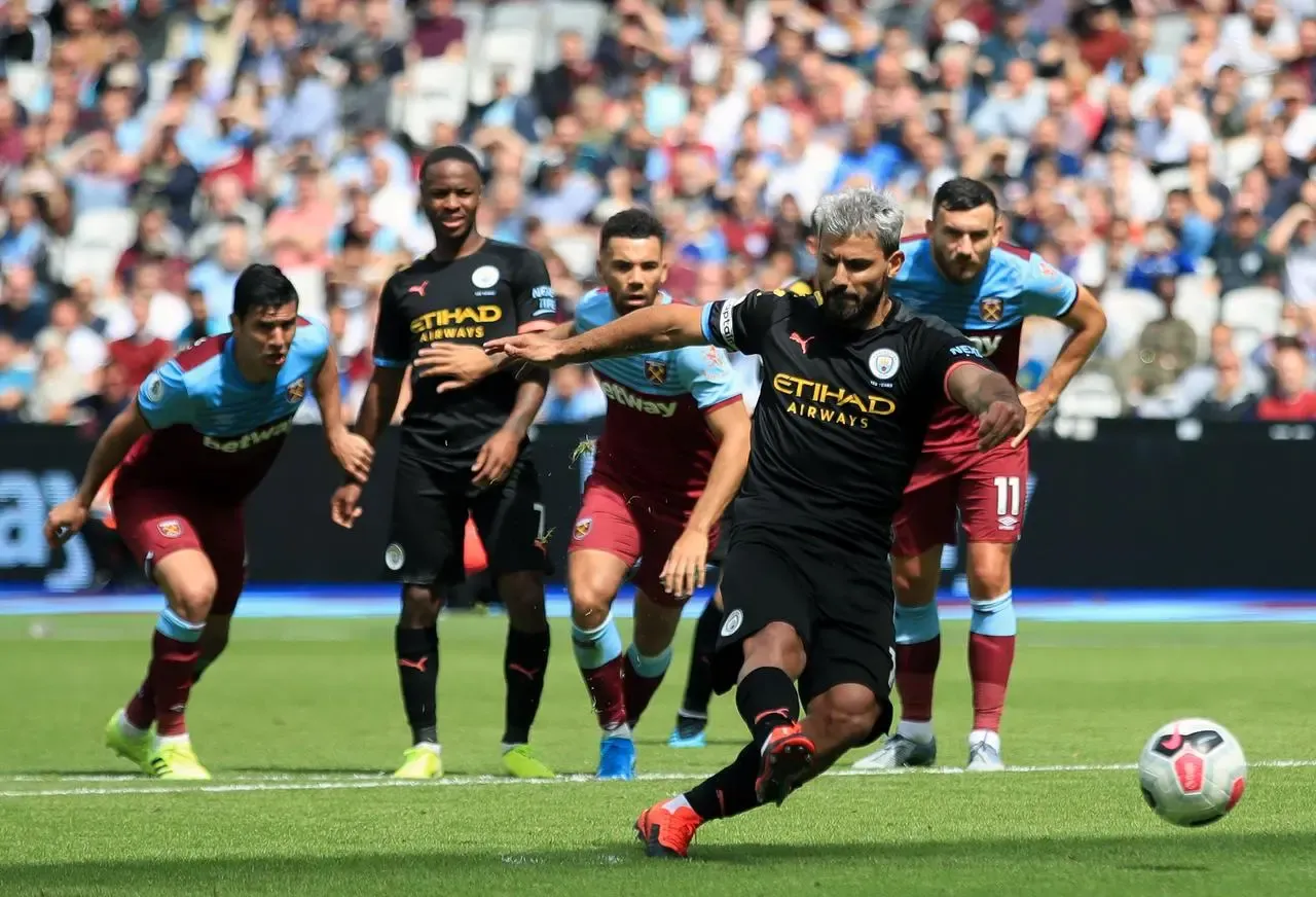 Sergio Aguero, second right, scores a penalty in Manchester City’s 5-0 win over West Ham in 2019 