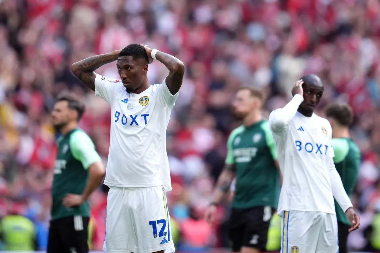 Leeds’ Jaidon Anthony reacts after losing the Sky Bet Championship play-off final at Wembley (John Walton/PA)