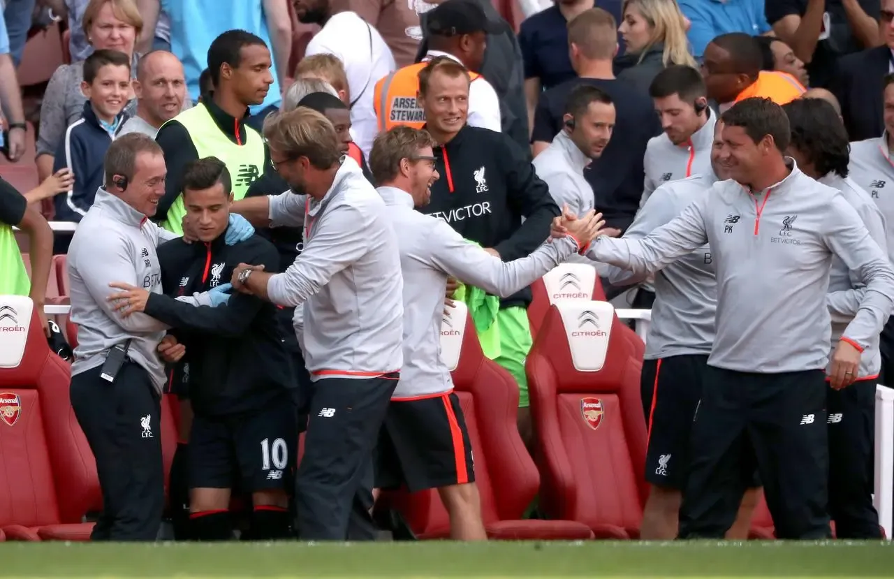 Jurgen Klopp congratulates Philippe Coutinho after his double helped Liverpool secure victory