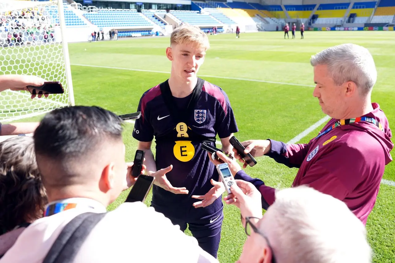 England’s Anthony Gordon (left) spoke to the media after the team's training session in Jena