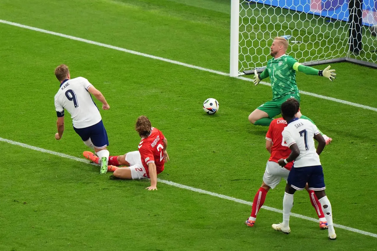 England’s Harry Kane opens the scoring against Denmark at Euro 2024