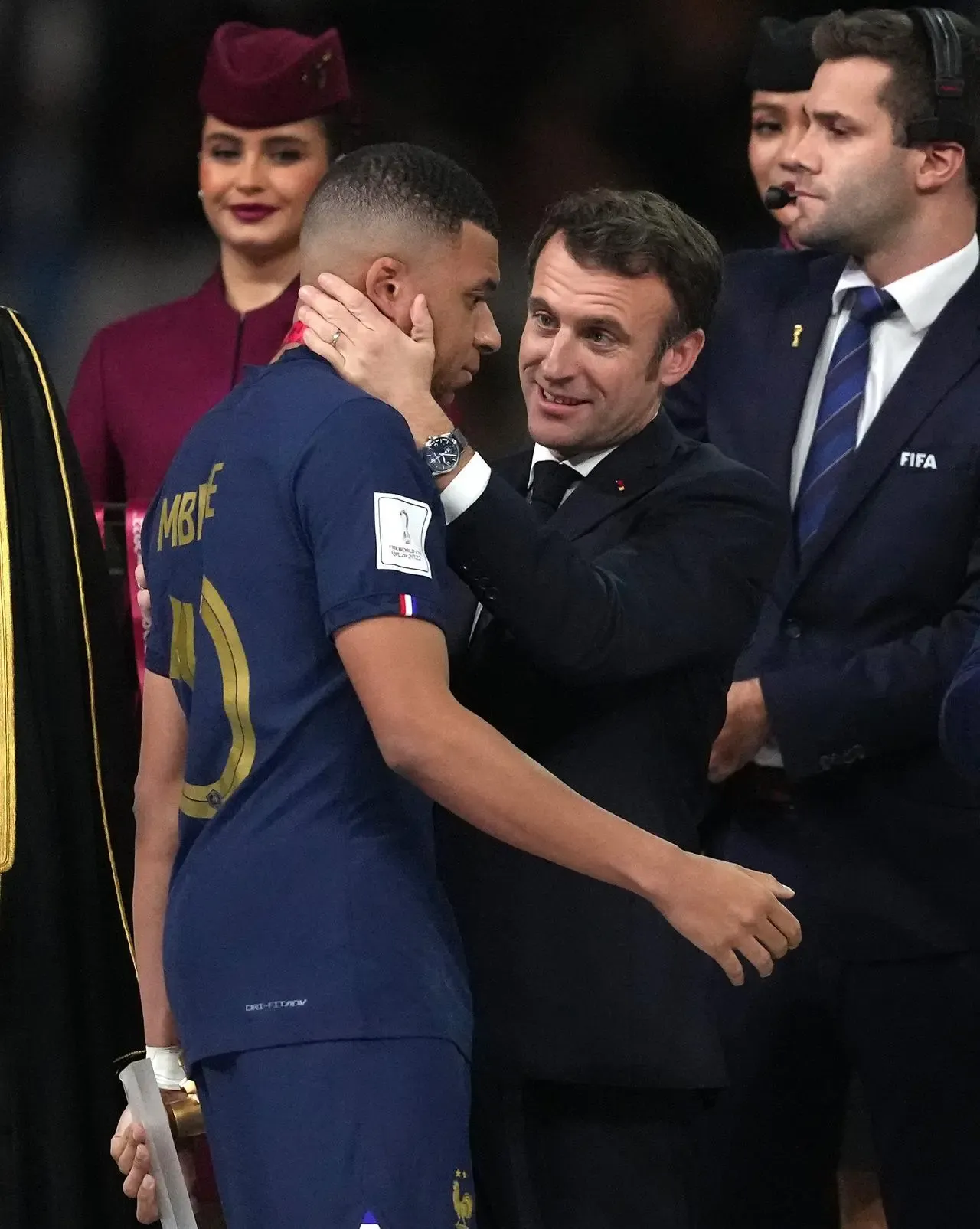 Kylian Mbappe, left, with French president Emmanuel Macron after the World Cup final in 2022