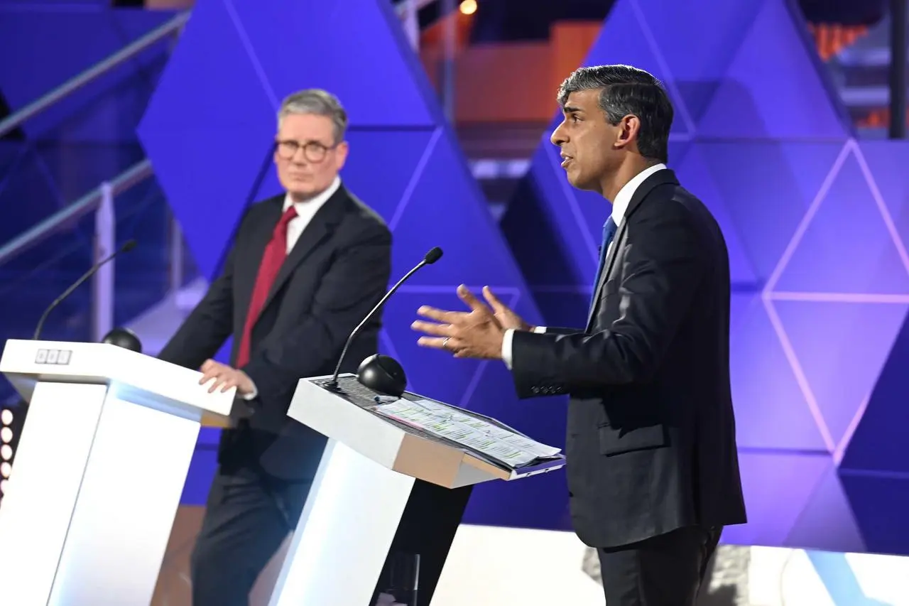 BBC handout photo of Prime Minister Rishi Sunak and Labour leader Sir Keir Starmer during their BBC Head-to-head debate in Nottingham