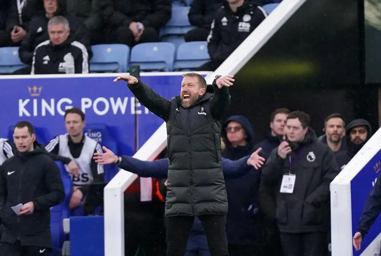 Former Chelsea manager Graham Potter gestures on the touchline during the Premier League match at the King Power Stadium