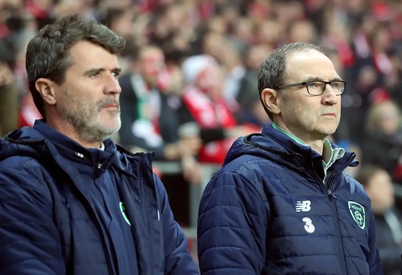 Republic of Ireland manager Martin O’Neill (right) with assistant Roy Keane during a World Cup qualifying play-off first leg match against Denmark at the Parken Stadium in Copenhagen